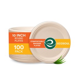 ECO SOUL 100% Compostable 10 Inch Paper Plates [100-Pack] Disposable Party Plates I Heavy Duty Eco-Friendly Sturdy Dinner Plates Disposable I Biodegradable Unbleached Sugarcane Eco Plates
