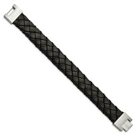 The Black Bow 18mm Stainless Steel & Black Leather Woven Bracelet, 8.5 Inch