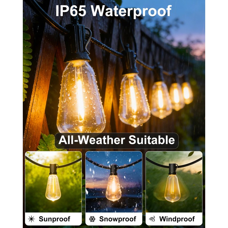 Pesken Outdoor String Lights, 54FT(15+1) ST38 Patio Lights Waterproof IP65