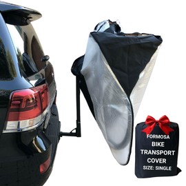 Travel Bike Cover for Rear Hitch Mount Rack on Car, Truck, RV, SUV - Fully Encloses Bike for Safe Transport on Road - Heavy Duty 600D Material - Tail Light Reflectors (Single (1 Bike))