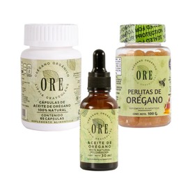 Ore Set de Productos de Orégano Natural, Aceite 30ml, Perlas 100g y Cápsulas