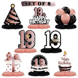 LINGTEER Happy 19th Birthday Rose Gold Table Honeycomb Centerpieces Cheers to 19th Birthday Nineteen Years Old Party Table Decorations Gift Sign.