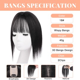 Mscat Clip in Bangs, Bangs Hair Clip Hair Toppers for Women 50% Human Hair Mixed, Bangs Clip in Hair Extensions 360° 3D Cover Wispy Fake Clip on Bangs for Women(Natural Black, 5×8 3D Bangs)