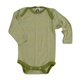 Cosilana, Baby Bodysuit Long Sleeve, 70% Wool, 30% Silk (Green/Natural, 74/80), Moss green striped