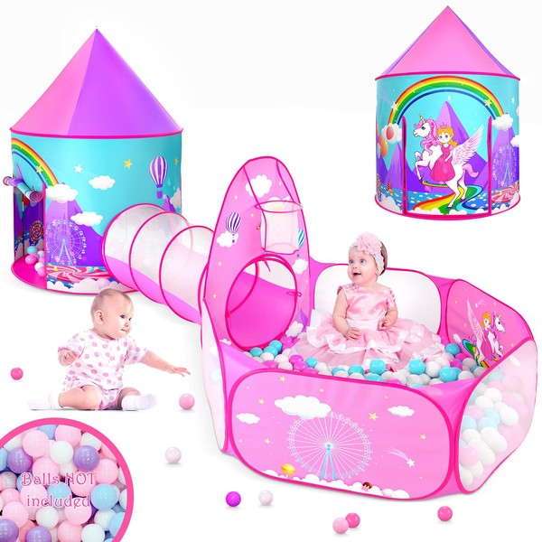Gift for Girls Playhouse with Tunnel for Toddlers, Unicorn Princess Castle Play Tent for Kids Girls & Pop Up Play Tunnel & Ball Pit & Basketball Hoop, Toys for Girls Outdoor Indoor Play