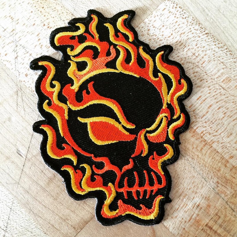 Flaming Skull Embroidered Patch Fire Skeleton Iron-On Evil Biker Emblem