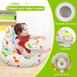 Inflatable Baby Seat With Tray, Built-In Air Pump Blow Up Baby Chair for Babies & Toddlers 3 Months & Up, Fully Supportive Infant Floor Seats, Fit to Learning to Sit, Feeding, Camping, Beach- Dinosaur