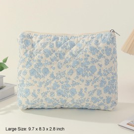 Gleyemor 2 Pieces (Large + Small) Quilted Cotton Makeup Bag, Cute Floral Cosmetic Bag for Women and Girls, Travel Toiletry Bag Tote Bag Organizer (Blue Floral)