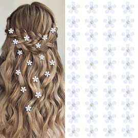 YISSION 40Pcs Mini White Flower Hair Clips with Rhinestone Cute Hair Clips Flower Hair Pins Decorative Hair Clips Wedding Hair Barrettes Bridal Flower Hair Accessories for Girls Women