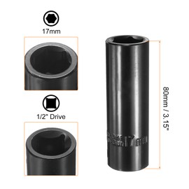 HARFINGTON 2pcs 6 Points Impact Socket 17mm Shallow Metric Hex Socket 1/2" Square Drive Electrophoretic Coating CR-V Steel for Industrial Grade Spindle Axle Nut Socket, Black