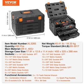 VEVOR Mechanics Tool Set and Socket Set with 1/4" 3/8" 1/2" Drive Deep and Standard Sockets, Max 450 Pcs SAE and Metric Tools, Portable Mechanics Kit Wrench Hardware:_1/4"、3/8"、1/2" - 205 Pcs