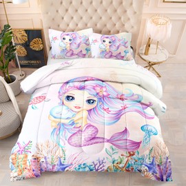 XYNHML Mermaid Comforter Set Queen Size Jellyfish Turtle Bedding Set Fish Grass Quilt Bed Set for Kid Girls with 1 Comforter and 2 Pillowcases