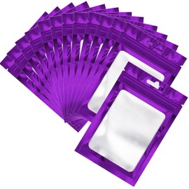 100 Pcs Resealable Mylar Bags, Sealable Odor Proof Foil Pouch Bag with Clear Window, Small Bussiness Packaging Supplies (Purple, 6.3 X 9.4 Inch)
