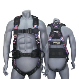 AFP American Flag Demon Fall Protection Ergonomic Comfort Safety Harness, Soft Pressure-Relieving Perforated Breathable Padded Foam Shoulder, Legs & Back, 3 D-Rings, Tongue Buckle, Mating Buckle
