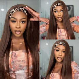 Emistar Yaki Straight Headband Wigs for Black Women Soft Synthetic Hair As Human Hair Wear And Go Glueless Half Wig Natural Black Wig with Headband Attached (#6, 18 Inch)