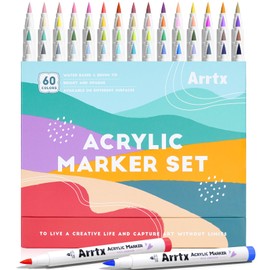 Arrtx Acrylic Markers 60C Scenic Colors,Brush Tip,Water Based Ink,Water Resistant Paint Pens Paint Art Markers for Rock Painting Stone Wood Ceramic Canvas Metal Plastic DIY Project Artist
