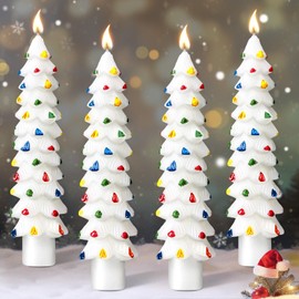 Ceoighe 4 Pack Christmas Tree Candles, 5 Inch Pure Beeswax Christmas Tree Shaped Taper Candles for Xmas Holiday Decor, Advent Party Banquet Centerpiece Decoration(White with Multicolor Trim)