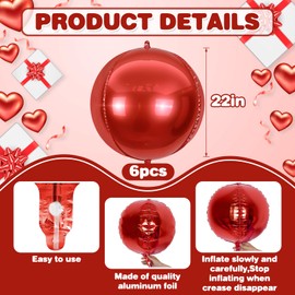 6Pcs Red Round Foil Balloons,Giant 4D Round Ball Balloons,22 Inch Metallic Red Mylar Balloons for Birthday Wedding Graduation Prom Party Decorations