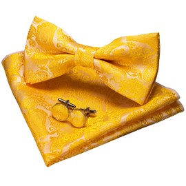 JEMYGINS Bowtie Yellow Paisley Bow Tie and Pocket Square with Cufflinks Set for Men