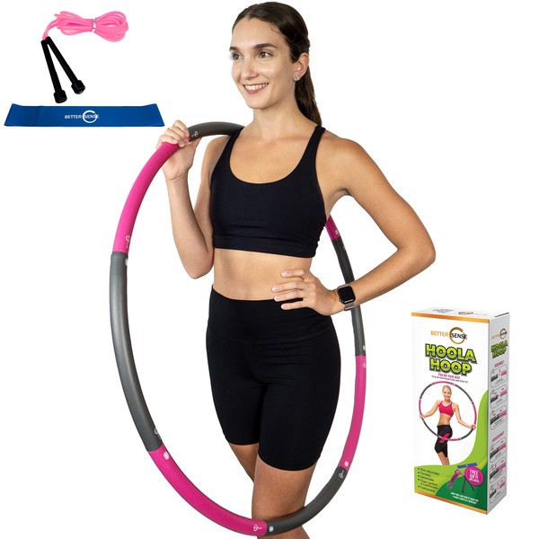 Better Sense Hoola Hoop for Adults - 8 Section Detachable Hoola Hoops, 2lb Weighted Hoola Hoop for Exercise - Portable Smooth & Soft Padding Weighted Hula Hoop with Jump Rope & Resistance Band (Pink)