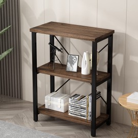3 Tier Industrial Solid Wood Bookcases, Open Etagere Bookshelf with Metal Frame, Rustic Wood and Metal Shelving Storage Organizer for Living Room Book Shelves Furniture (AY01-3tier)