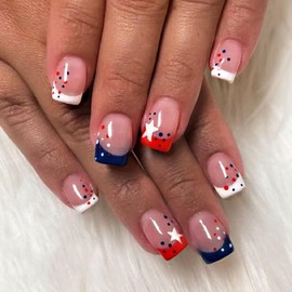 4th of July Press on Nails Square Short Fake Nails with Polka Dots Star Designs Independence Day False Nails Red White Blue French Tip Nails Press ons Nude Stick on Nails for Women 24Pcs