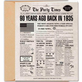 DUGUTUL Vintage 90th Birthday Card, 90 Birthday Decoration, Happy 90th, Nostalgic Birthday Card for 90 Years Old Men Women, Retro 90th Birthday Party Decoration, Envelope Included