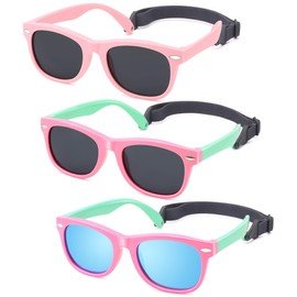 Polarized Baby Sunglasses with Strap - Unbreakable Flexible Infant Sunglasses for Toddlers Age 0-24 Months (Pink/Gray + Pink Green/Gray + Pink Green/Blue) - 3 Pack