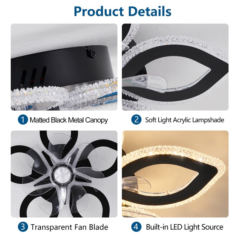 Dalouguan 21-Inch Ceiling Fan with Lights and Remote Control, Black