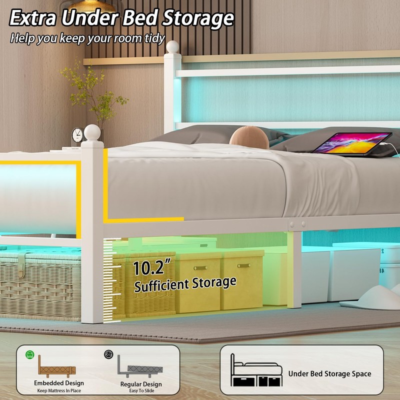 Gohapnis Full Size Bed Frame with Headboard and Footboard,White Metal