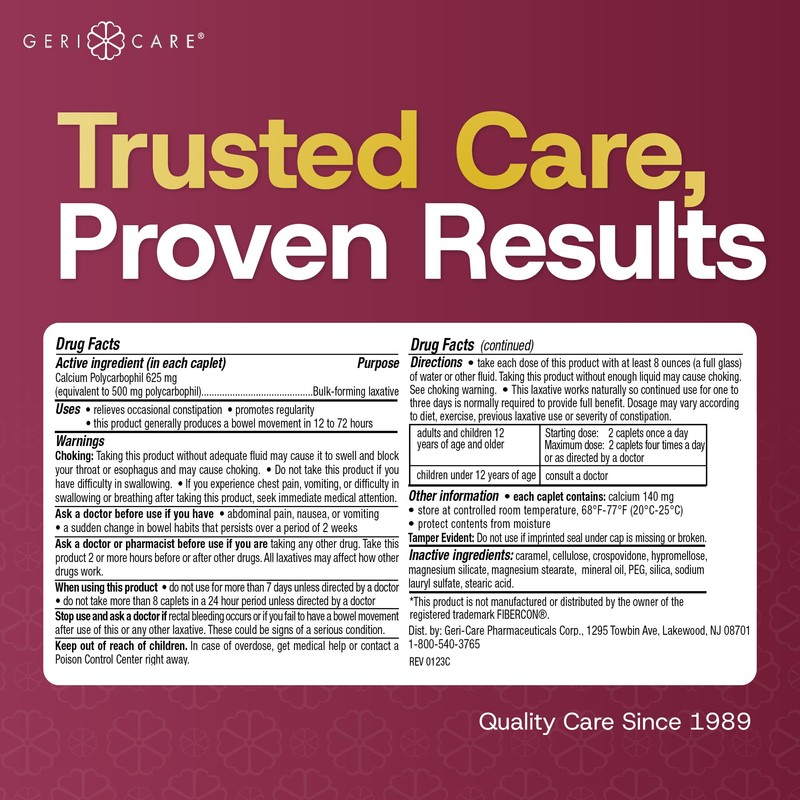 GeriCare Fiber Laxative - 625mg Calcium Polycarbophil Fiber Supplement for