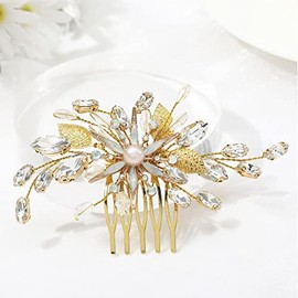 Jeairts Pearl Flower Bride Wedding Hair Comb Gold Rhinestone Bridal Hair Pieces Leaf Wedding Headpiece Hair Dress Crystal Hair Accessories for Brides and Bridesmaids