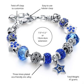 Capital Charms Blue Star Silver Plated Charm Bracelet Set, Jewelry Gifts with Beads, Charms, and Adjustable Snake Chain