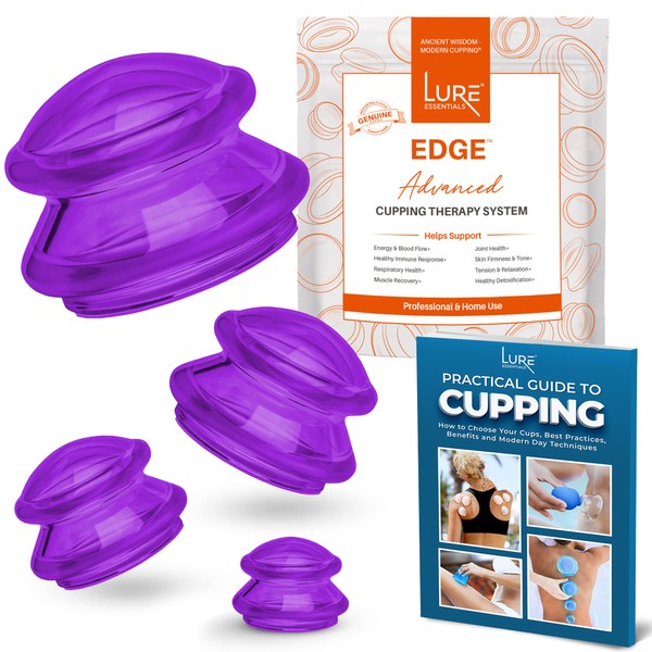 LURE Essentials Edge Cupping Therapy Set - Cupping Kit for Massage Therapy - Silicone Cupping Set - Massage Cups for Cupping Therapy - Cupping for Cellulite Reduction (4 Cups, Purple)