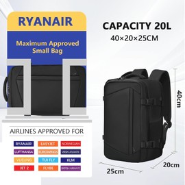 KIRFEIHT Cabin Bags 40x20x25 for Ryanair Carry-Ons Travel Bag - Hand Luggage Backpack Underseat Cabin Bag Small Size 20L - Daypack School Office Bag (Black)