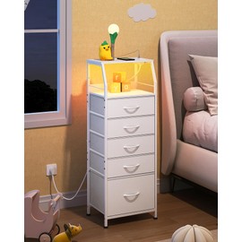 WLIVE LED Nightstand with Charging Station, White Dresser with 5 Fabric Drawers for Bedroom, Tall Night Stand with Open Shelves, Bed Side Tables Living Room