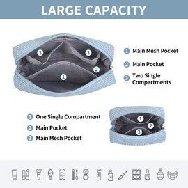 2 Pcs Small Makeup Bag for Handbag, Corduroy Cosmetic Bag Travel Make up Bag with Compartments for Women Girls(Blue)