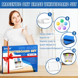 Grtard Magnetic Dry Erase Board with Stand,16''x12'' Double-Sided Whiteboard - Includes 10 Markers, 6 Magnets, 2 Erasers, Desktop Whiteboard, White Boards Dry Erase for Home,School,Office