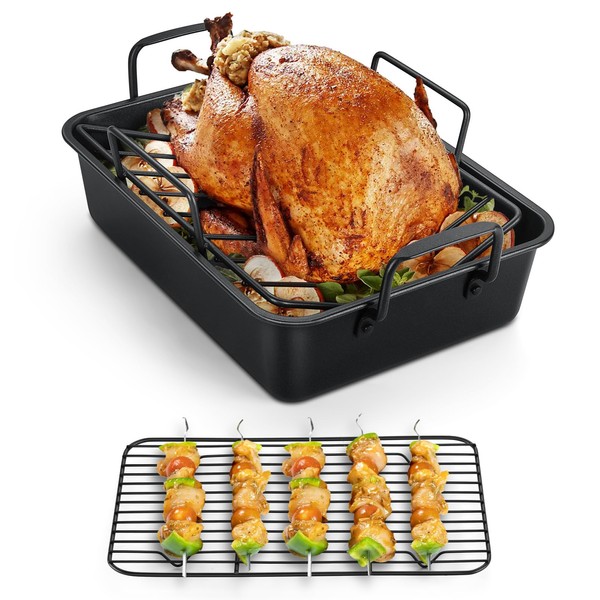 TeamFar Roasting Pan, 14inch Coated Turkey Roaster Lasagna Pan with V-Shaped Rack & Flat Rack, Non-Stick Coating & Stainless Steel Core, Healthy & Heavy Duty, Deep Sides & Easy to Clean, Set of 3