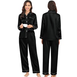 SWOMOG Couples Satin Pajamas Set Women & Men 2PCS Pjs Long Sleeve & Pants Sleepwear Button-Down Loungewear with Pockets Women Black Small