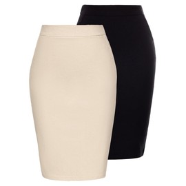 Kate Kasin Women's 2 Piece Skirts Hight Waist Stretchy Bodycon Pencil Skirt with Pockets （Black+Beige）