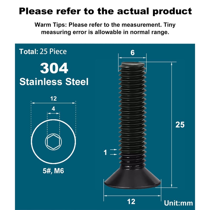 Drenky M6 x 25 mm Countersunk Screws with Hexagon Socket,