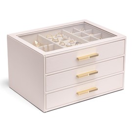 Vlando 3-Drawer Jewelry Box with Glass Lid, Faux Leather Organizer for Rings, Earrings, Necklaces and More, Gift-Ready Jewelry Case for Women, Girls, or Moms, Pink Beige