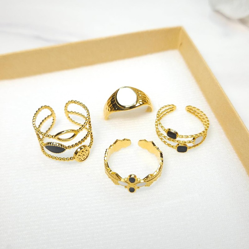 Set Anillos 4 piezas Ajustables, Acero Inoxidable con Baño de