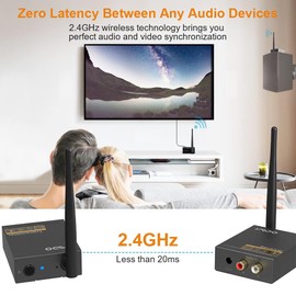 YMOO 2.4Ghz Wireless Audio Transmitter Receiver,192kHz/24bit HiFi Audio,20ms Ultra Low Latency,320ft Long Range RCA Jack Adapter for Speaker/soundbar to TV/PC/CD Player/Computer/Projector