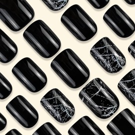 Black Press on Nails Short Square Fake with Marble Stripes Designs Black Full Cover False Nails Press ons Acrylic Glue on Nails Glossy Stick on Nails for Women Girls 24 Pcs