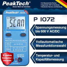 PeakTech 1072 True RMS Smart Multimeter, Auto Range, 4,000 Counts, Continuity Tester, Multiple Meter, Voltmeter, 600V AC/DC, NCV and Live Test