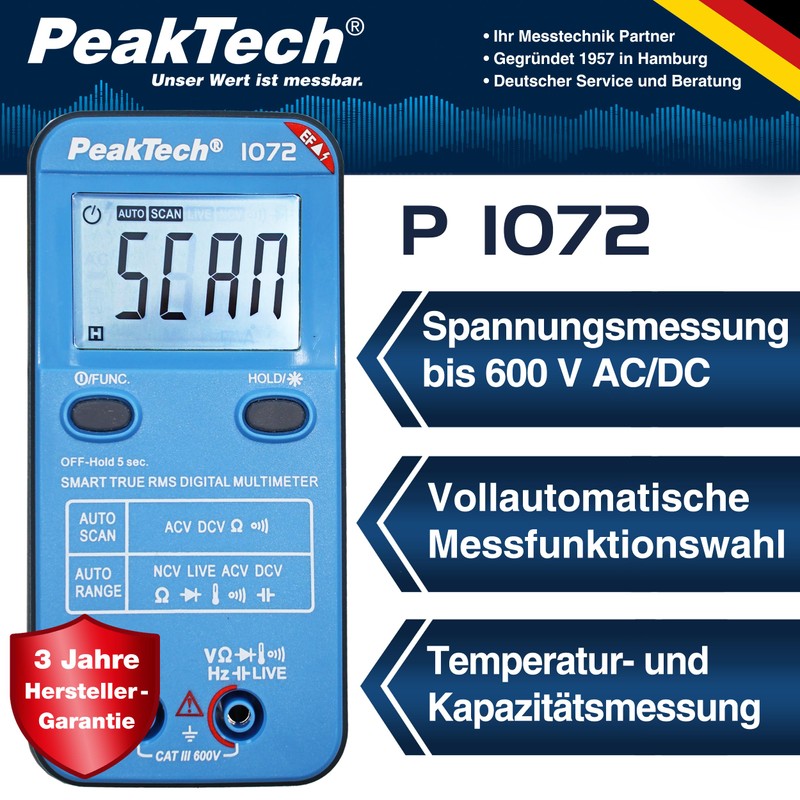 PeakTech 1072 True RMS Smart Multimeter, Auto Range, 4,000 Counts,