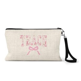 Pink Bow Teach Wristlet Makeup Bag Cosmetic Zippered Pouch Tote for Women Back to School Appreciation Gift (Teach Pink Bow)