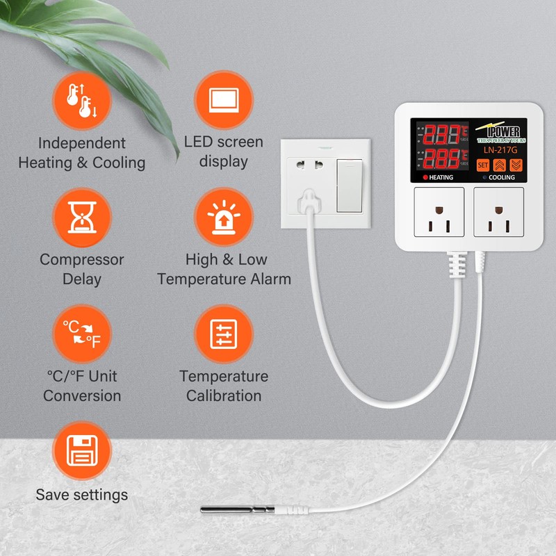iPower Temperature Controller 1200W 10A Dual Digital Outlet Thermostat Plug